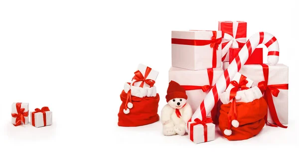 Christmas Background Santa Claus Bags Red White Xmas Gift Boxes — Stock Photo, Image