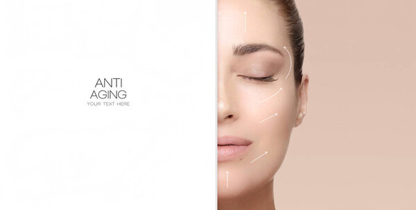 Face lift and Anti Aging Treatment. Beauty Face Spa Woman with Lifting Arrows. Youth and skincare concept. Half face cropped isolated on beige with white copy space to the side.