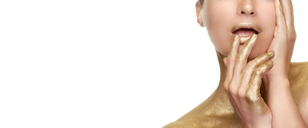 Sensuele Vrouw Draagt Glanzende Metalen Gouden Make Gouden Huid Gouden — Stockfoto