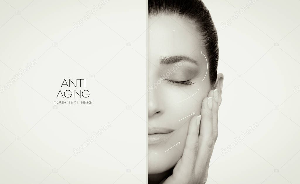 Skin Care and Anti Aging Concept. Beauty Face Spa Woman with Lifting Arrows. Monochrome half face cropped with copy space to the side.