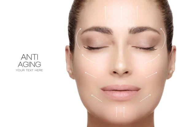 Cirugía Concepto Antienvejecimiento Beauty Face Spa Mujer Con Flechas Elevación —  Fotos de Stock