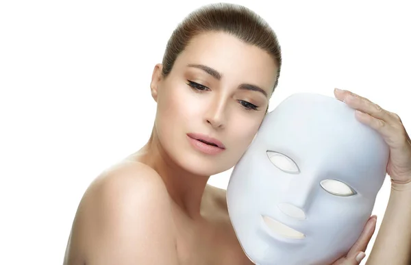 Mulher Spa Rosto Beleza Com Máscara Led Terapia Fotônica Rejuvenescimento — Fotografia de Stock