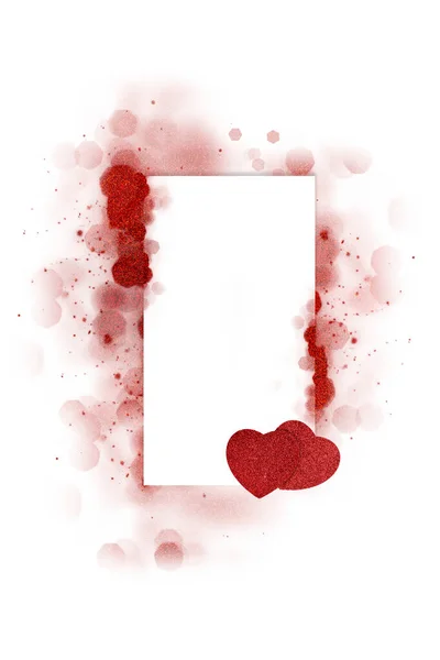 Cartão Romântico Com Corações Vermelhos Brilhantes Bokeh Formando Uma Moldura — Fotografia de Stock