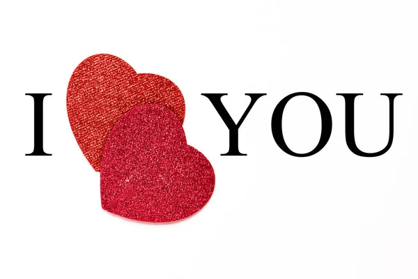 Cita Amor Love You Inscripción Con Dos Corazones Rojos Brillantes —  Fotos de Stock