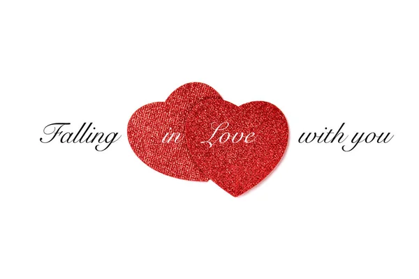 Ρομαντικό Σχέδιο Δύο Κόκκινα Σχήματα Καρδιά Και Χειρόγραφο Μήνυμα Λόγια — Φωτογραφία Αρχείου