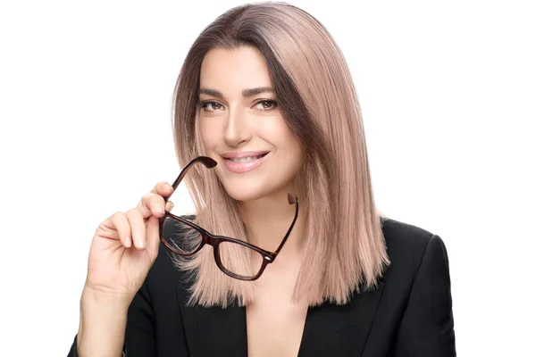 Udane Bizneswoman Okularach Stylowa Nowoczesna Kobieta Różowymi Blond Włosami Okularami — Zdjęcie stockowe