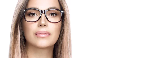 Gafas Mujer Concepto Visión Clara Primer Plano Mujer Atractiva Cara — Foto de Stock