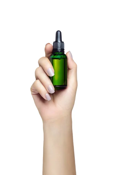 Woman Hand Holding Glass Cosmetic Bottle Beauty Skincare Concept Isolated — ストック写真