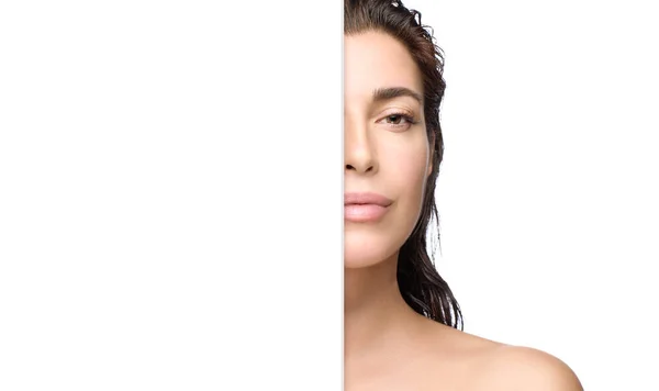 Beauty Portrait Woman Fresh Clean Healthy Glowing Skin Split Panorama — Stock Photo, Image
