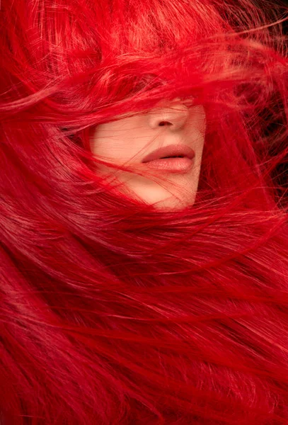 Beauty Portrait Woman Windswept Healthy Dyed Long Red Hair Covering — Stock Photo, Image