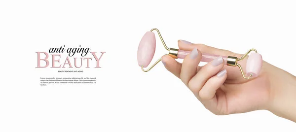 Beauty Skin Care Advertising Banner Rose Quartz Roller Female Hand — Stock Photo, Image