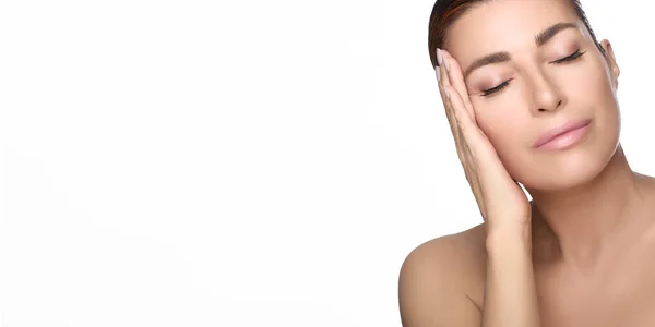 Beauty Spa Woman Touching Her Glowing Hydrated Skin Face Beauty — Stock Fotó