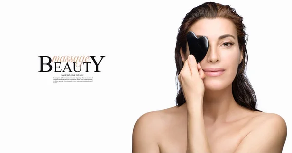 Beauty Concept Gorgeous Brunette Woman Covering One Eye Gua Sha — Stockfoto