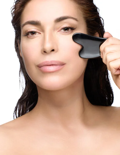 Beautiful Woman Glowing Healthy Skin Massaging Face Gua Sha Scraper — Stock Photo, Image