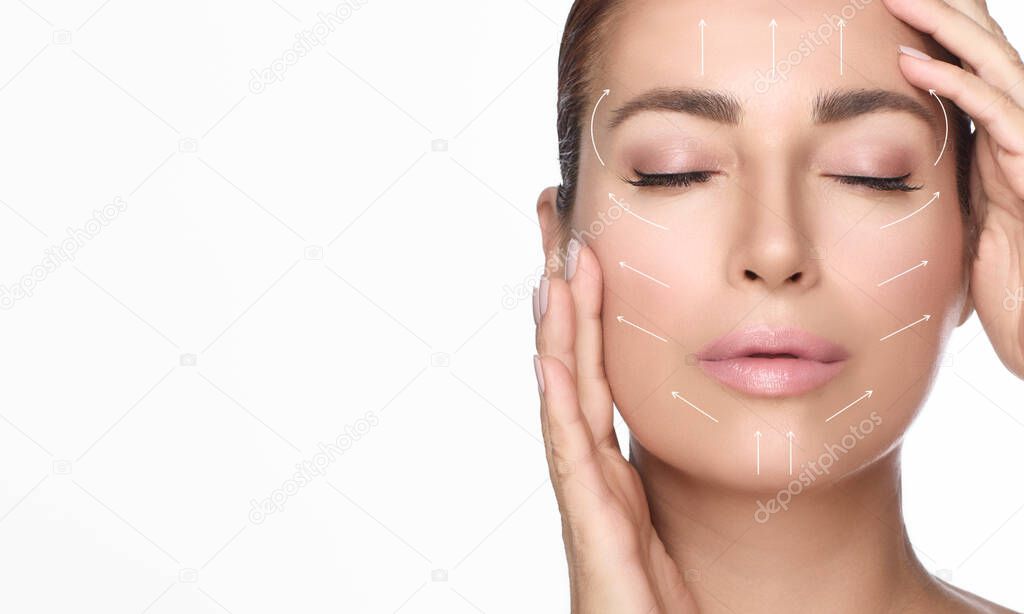 Beauty and Aged Skin Care Concept. Natural Woman Face with Healthy Flawless Skin and Lifting Arrows over face. Closeup portrait isolated on white with copy space