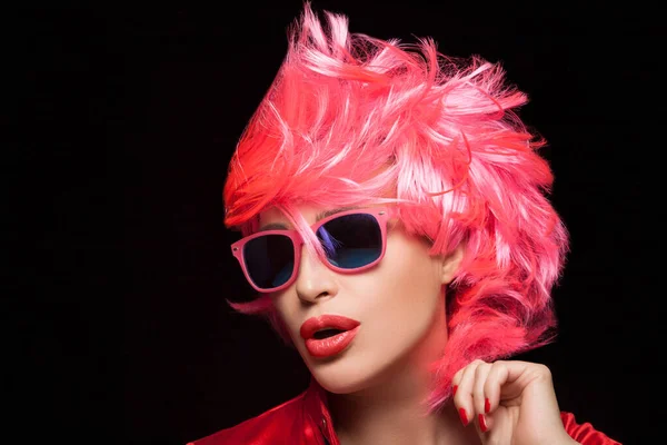 Fashion Model Girl Stylish Dyed Pink Hair Sunglasses Isolated Black — стоковое фото