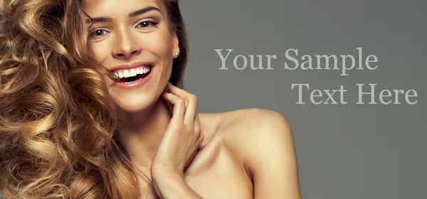 Happy blonde woman with copy space for your text isolated on gre — Stock Image Happy blonde woman with copy space for your text isolated on gre Stock Photo