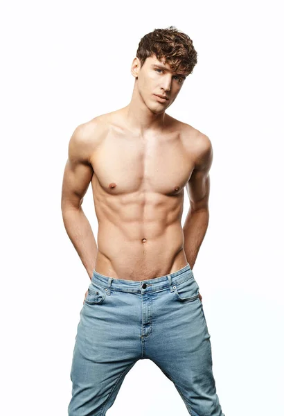 Retrato Hombre Sexy Jeans Aislados Sobre Fondo Blanco — Foto de Stock