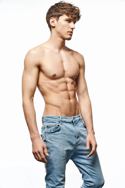 Porträt Von Sexy Mann Jeans Isoliert Auf Weißem Hintergrund — Stockfoto