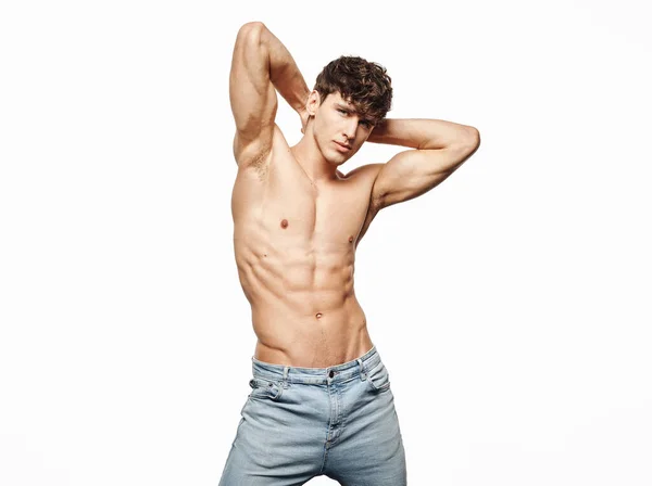 Portret Van Sexy Man Blauwe Jeans Geïsoleerd Witte Achtergrond — Stockfoto