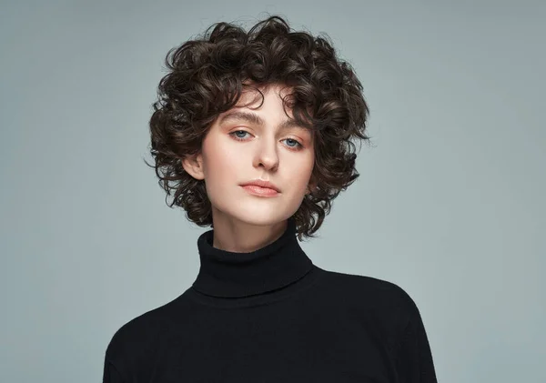 Portrait Brunette Curls Wear High Neck Jumper Isolated Grey Background — Fotografia de Stock