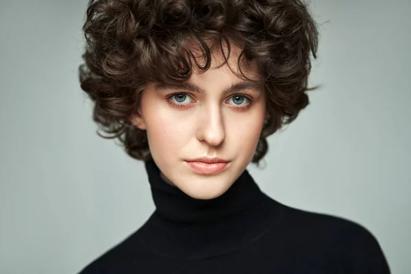 Portrait Brunette Curls Wear High Neck Jumper — Stock Photo, Image