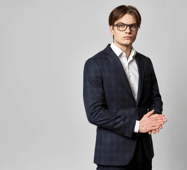 Portrait Young Man Wear Classic Suit Gray Background — Stock Photo, Image