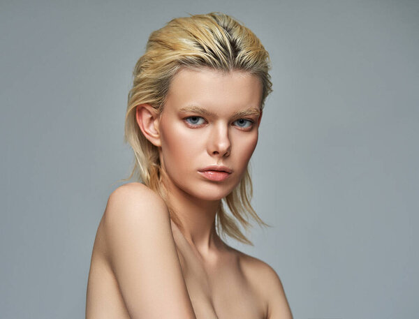 Beautiful Portrait Young Beautiful Blond Girl Stylish Wet Hair Stock Image