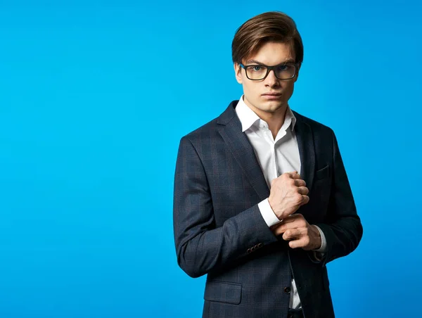 Portrait Handsome Young Man Wear Classic Suit Blue Background — Fotografia de Stock