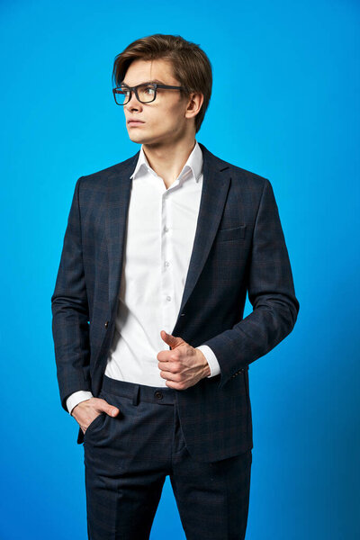 Portrait Handsome Young Man Wear Classic Suit Blue Background Royalty Free Stock Images