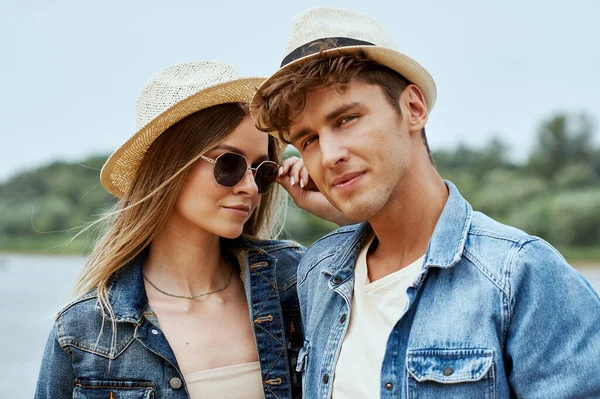 Portrait Young Beautiful Woman Sunglasses Wear Summer Hat Handsome Man — Stock Photo, Image