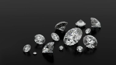 Siyah arkaplanda birçok elmasın 3D görüntülenmesi