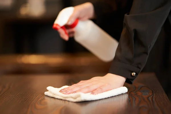 Hands Female Clerk Who Disinfects Alcohol — Stock Photo, Image