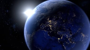 Avrupa 'nın Dünya hakkındaki gece görüşünün uzaydan göründüğü gibi 3 boyutlu yansıtılması