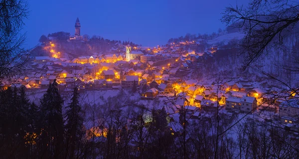 Vista noturna nevada da cidade iluminada Imagens Royalty-Free