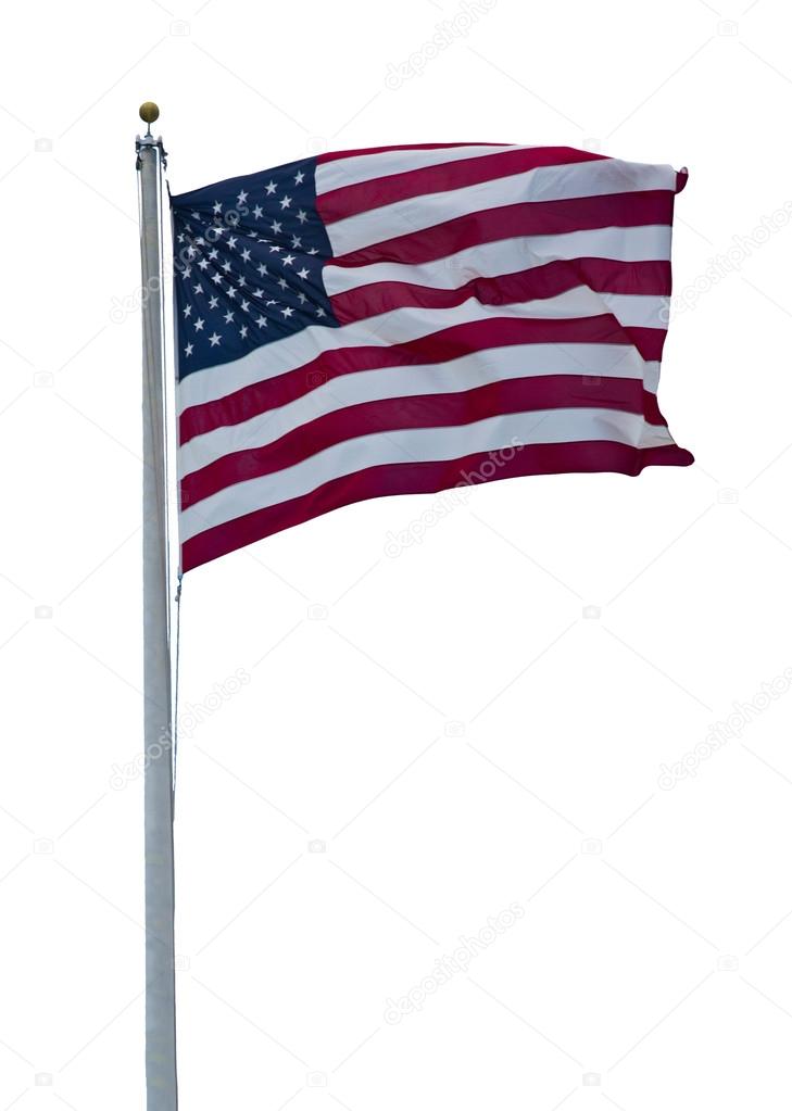 American flag blowing in the wind isolated on white background