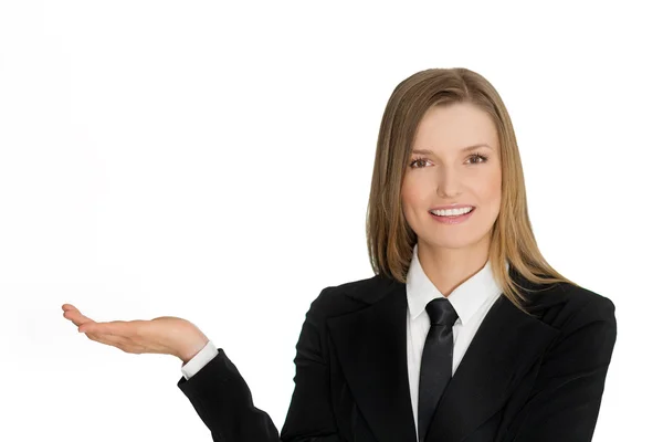 Woman presenting product on her hand — Stock Photo, Image