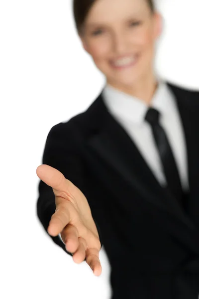 아름 다운 젊은 비즈니스 우먼 따뜻한 환영을 가진 그녀의 손에 연장 — 스톡 사진