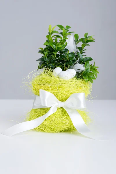 Uova di Pasqua, vaso da fiori e nastro — Foto Stock