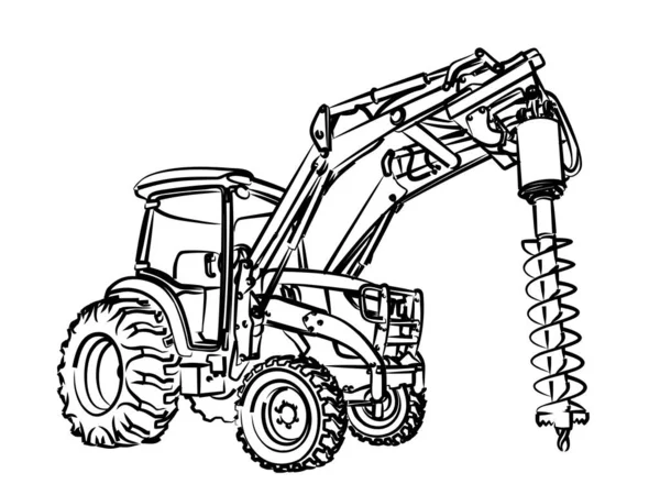 Tracteur Croquis Avec Perceuse Terre — Image vectorielle