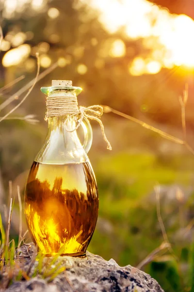 Botella pequeña con aceite de oliva con lente y luz solar —  Fotos de Stock