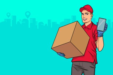 Elinde paket ve cep telefonu olan kırmızı şapkalı teslimatçı adam çizgi roman tarzında..