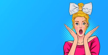 Şaşırmış ve ağzı açık bir kadın wow Retro Vintage Pop Art Comic Style