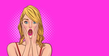 Şaşırmış genç seksi kadın, ağzı açık, elleri yanaklarında. Retro Vintage Pop Art Comic Style.