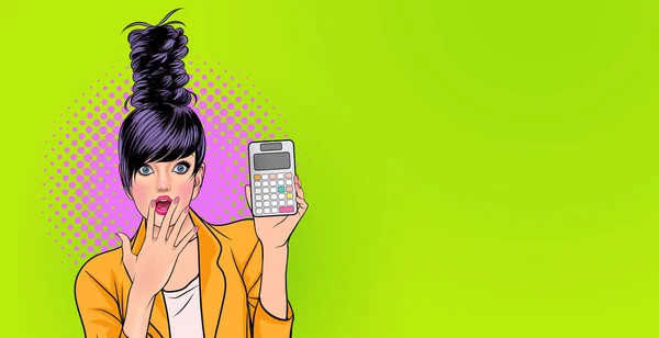 Mulher Jovem Surpreendente Segurando Calculadora Wow Surpreendido Conceito Pop Arte —  Vetores de Stock