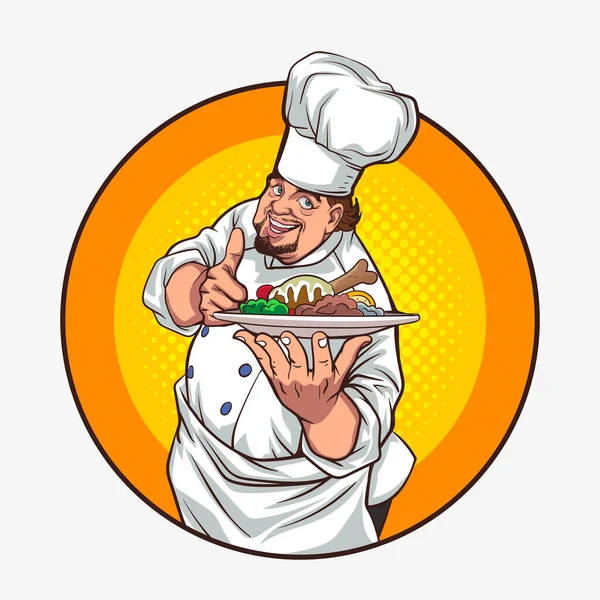 用复古流行艺术漫画风格在圆形标志上挂上食物盘的好厨师大拇指 — 图库矢量图片