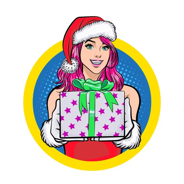 Santa Mujer Sonrisa Dar Caja Círculo Signo Retro Vintage Pop — Vector de stock