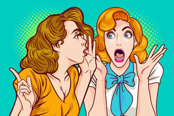 Mujer Susurrando Chismes Secretos Amigo Retro Vintage Pop Art Comic — Archivo Imágenes Vectoriales