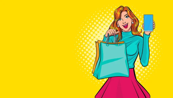 Young Woman Holding Shopping Bags Smartphone Pop Art Comic Style — Stock Vector