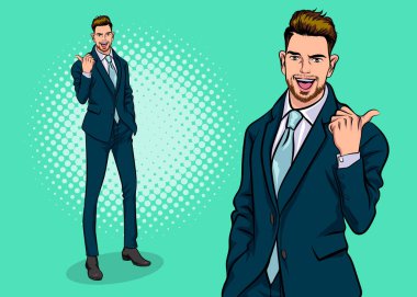 Akıllı iş adamı sakallı nokta ve sunar pop sanat retro komik tarzı